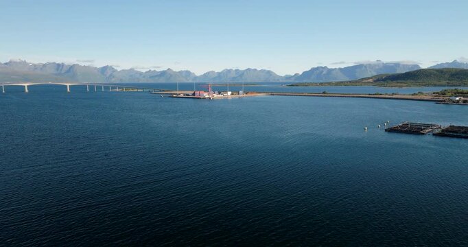 Aerial toward industrial park Stokmarknes Miljohavn on Boroya near bridge