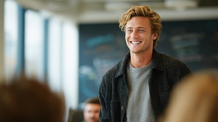 Young Man Smiling Joyfully While Speaking to an Engaged Audience