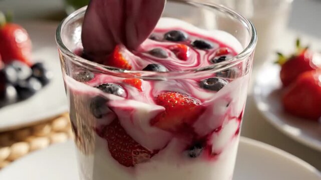Creamy yogurt with fresh strawberries and blueberries swirled together in a tall glass, a delightful and healthy treat