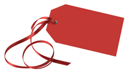 Red gift tag with red ribbon isolated on white 

