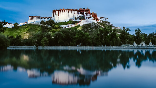 Potala Palace Reflected in a Tranquil Lake at Dusk, Lhasa, Tibet