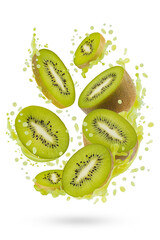 Fresh kiwi juice with ripe kiwi slices in splashing of green juice droplets levitated as energy flow, isolated. Perfect for vegetarian diet food, juice label, detox cooking, fitness food, advertising.