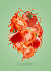Fresh red tomato juice with slices tomato in splashing of juice fly as flow, on green background. Perfect for organic antioxidant food advertising, detox menu, fitness diet, juice label, poster, card.