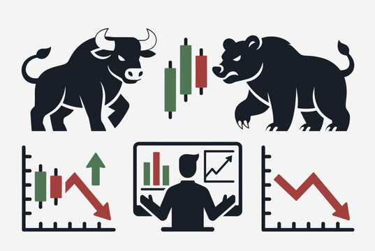 Illustration of bull and bear market symbols with financial charts and a trader analyzing data on a computer screen.