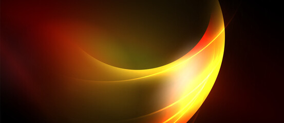 Abstract design features flowing orange, yellow lines against dark background. Smooth curves create dynamic visual impact. Warm tones dominate composition.