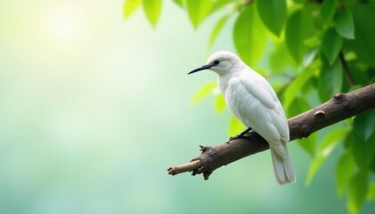 Elegant white bird resting on a thick branch, leaves in background , wildlife, shadow