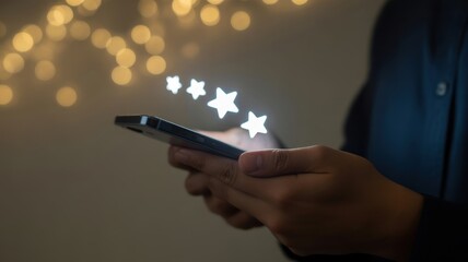 Customer Experience with Review Stars: An individual interacts with their smart phone, as glowing star icons float above it, symbolizing customer satisfaction and stellar feedback.