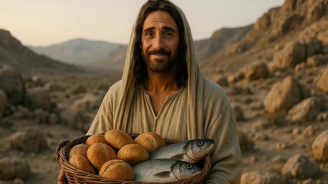Jesus Christ holding a basket of bread and fish in the desert. The biblical miracle of feeding the five thousand. A symbol of faith and generosity
