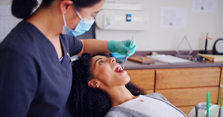 Dentist, patient and inspection with mouth mirror for teeth assessment, oral exam and appointment...