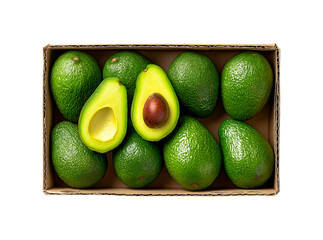 Top View Fresh Green Avocados Packed in a Cardboard Box with One Sliced Open on a transparent background