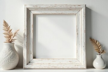 Elegant whitewashed square wooden picture frame, close up, bright, art, decor