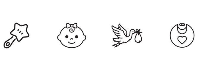 Fototapeta premium Simple Outline Icons for Baby Care and Birth: Stork, Rattle, Bib, Infant Face