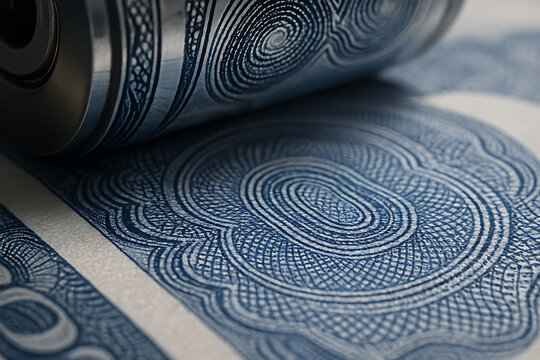 Close-up of intricate blue banknote printing process