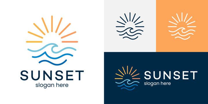 Sunset logo design illustration. Wave design with sun line style minimalist vector icon symbol