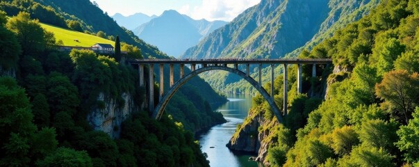 Elevated bridge spanning lush Abel Tasman valley, hiking, clouds