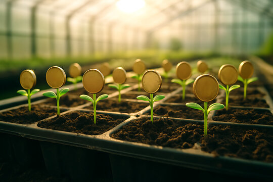 Coins growing on plants in greenhouse for investment and finance growth