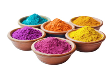 Vibrant colored powders in small clay bowls on transparent background