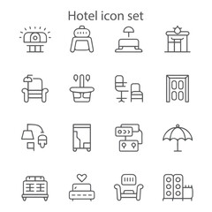 A stylish line art vector icon set for hotel accommodation, hospitality services, and room features, perfect for travel and booking sites.
