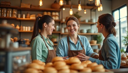 Three smiling women work in bakery cafe. Staff members in aprons talk near counter with fresh baked goods. Customers can buy pastries and bread. Small business team looks happy.