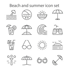 A comprehensive line art vector icon set featuring summer vacation, travel, beach, and holiday essentials for web and mobile design.