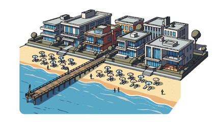 Obraz premium Modern Beachfront Buildings and Pier Scene.