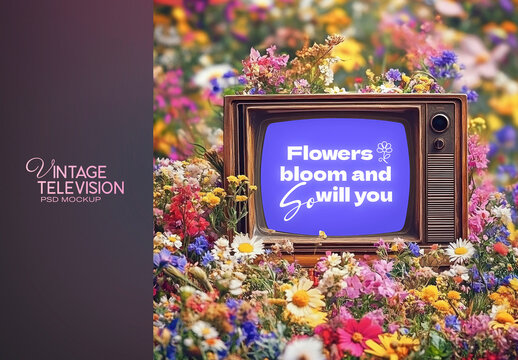 Vintage Television Mockup A midst Flowers PSD