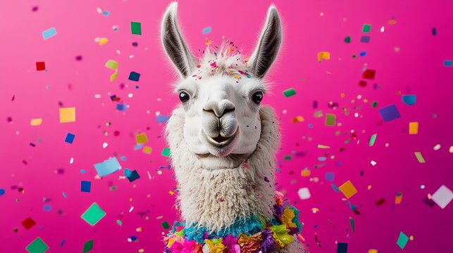 Llama dressed for a party with colorful confetti and a bright pink background. .