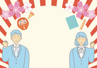 Vector Illustration Frame of Students, Cherry Blossoms, and Daruma