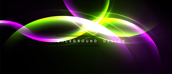 Abstract neon waves, vibrant colors blend. Dynamic curves create futuristic background design. Bright light effects dominate dark space.