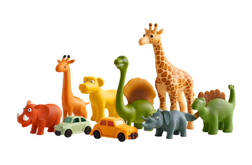 Colorful collection of plastic animal and car toys on a transparent background