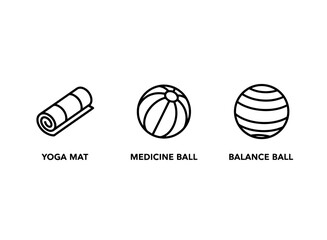 Yoga Mat Medicine Ball Balance Ball Minimal Bold Line Icon Set