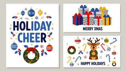 Festive Holiday Cheer Collection: Merry Xmas and Happy Holidays Cards with Ornaments, Gifts, and Reindeer