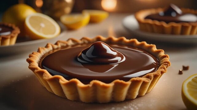 A delicious homemade british treacle chocolate tart with a rich ganache filling is beautifully presented.