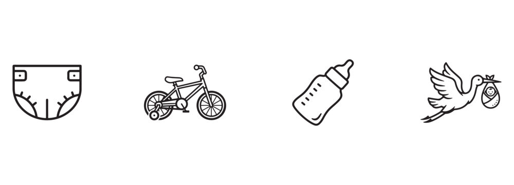 Baby and Childhood Line Icons Set: Diaper, Bicycle, Bottle, and Stork Vector - Powered by Adobe