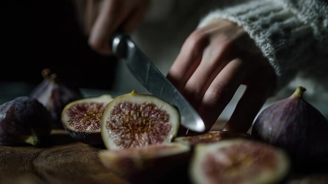 A person in a soft sweater carefully cuts ripe figs, revealing their intricate patterns and rich colors. The natural lighting and rustic setting evoke a sense of comfort and seasonal freshness