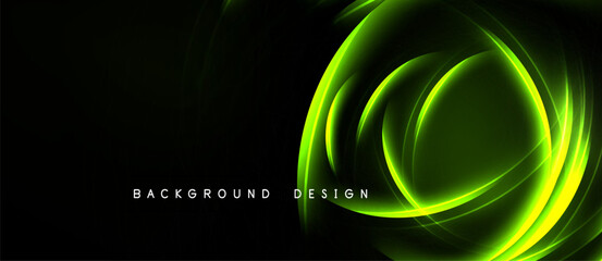 Dark backdrop features vibrant green swirling lines. Modern design evokes energy, motion, depth. Minimalist aesthetic, suitable backgrounds.