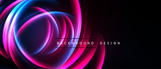 Abstract neon lights form swirling shapes. Vivid pinks, blues create dynamic background design against black space.