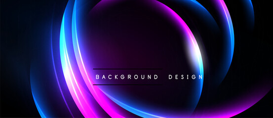 Abstract neon lights form curved shapes. Dark background emphasizes vibrant colors, creating modern design element.