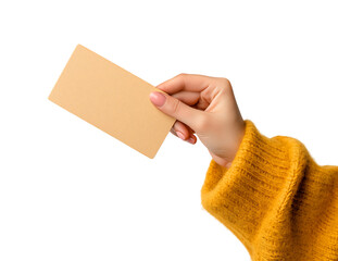 Mockup of Woman's Hand in Yellow Sweater Holding Blank Beige Card on a transparent background