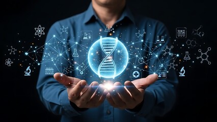 Scientist holding glowing dna helix structure with molecular biology and research icons