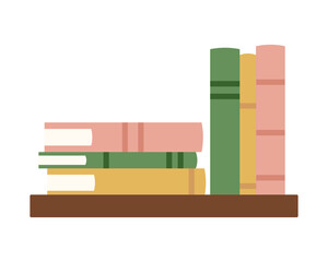 Stack of colorful books on a wooden shelf, with various sizes and shapes, creating a neat arrangement of literature