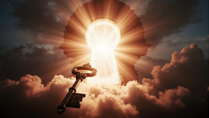 An ornate antique key towards a giant glowing keyhole in the space with intense golden light rays and warm orange-red illumination bursting outward, symbolizing opportunity and unlocking potential.