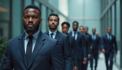 Serious man leads diverse team walking in modern office hall. Businessmen in dark suits look ahead with determination, focused on their objective. Professional men and women march forward together.