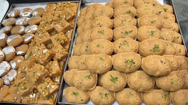 Bengali winter sweets with nolen gur being sold in a food festival 