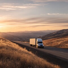 Obraz premium Semi truck driving on highway through dry hills at sunset