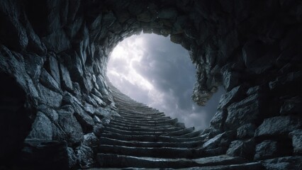 Mysterious Stone Staircase Leading to a Cloudy Sky in Dark Atmospheric Tunnel Photography