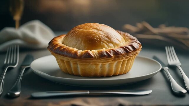 A golden british cornish pasty is elegantly presented on a plate with cutlery for a delicious meal.