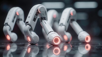 Robotic arms in a row sleek white mechanical design with glowing red circular lights, aligned on a glossy reflective surface, giving a high-tech industrial atmosphere.