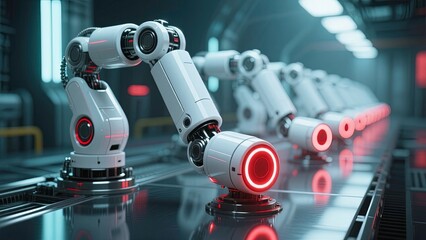 Robotic arms in a row sleek white mechanical design with glowing red circular lights, aligned on a glossy reflective surface, giving a high-tech industrial atmosphere.