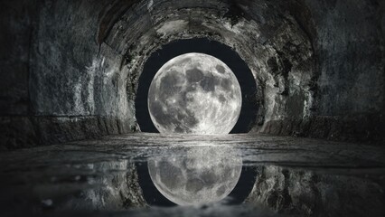 Captivating Full Moon Reflection Through Tunnel Opening with Dramatic Night Sky and Mysterious Water Surface